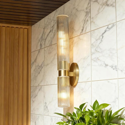 Modern Asymmetrical Glass Double Tube Wall Sconce, 2-Light Textured Shades, Wall Mounted Light for Living Room, Hallway, Bedroom, Porch, Bathroom (Brass)