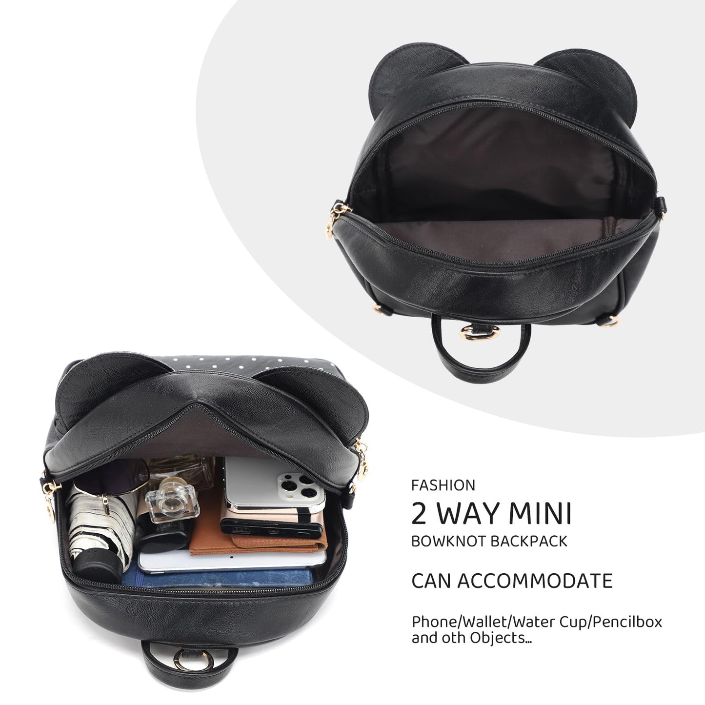 KL928 Girls Mini Backpack Bowknot Polka Dot Cute Daypacks Convertible Shoulder Bag Purse for Women (Black)