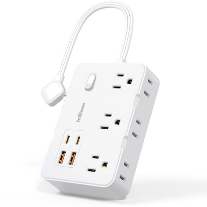 Flat Plug Power Strip Surge Protector, 5ft Ultra Thin Extension Cord with 4 USB Wall Charger(2 USB C Port), 6 Widely-Spaced Outlets Power Strip Compact for Travel, Office, Dorm Room Essentials (White)