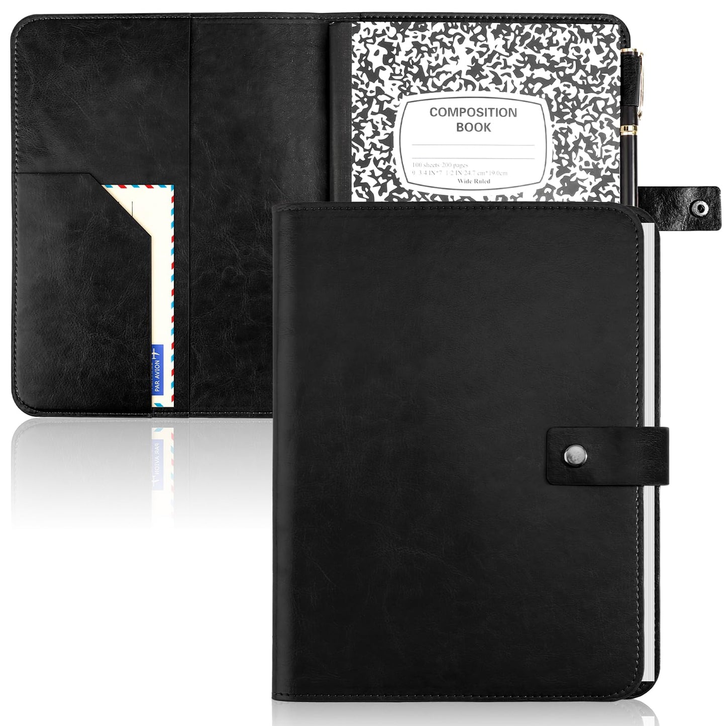 SKLENICE PU Leather Composition Notebook Cover 9 3/4 X 7 1/2 in With Composition Book 100 Sheets Vintage Rustic Distressed PU Leather Journal Notebook Cover Portfolio For School Office Home (Black)