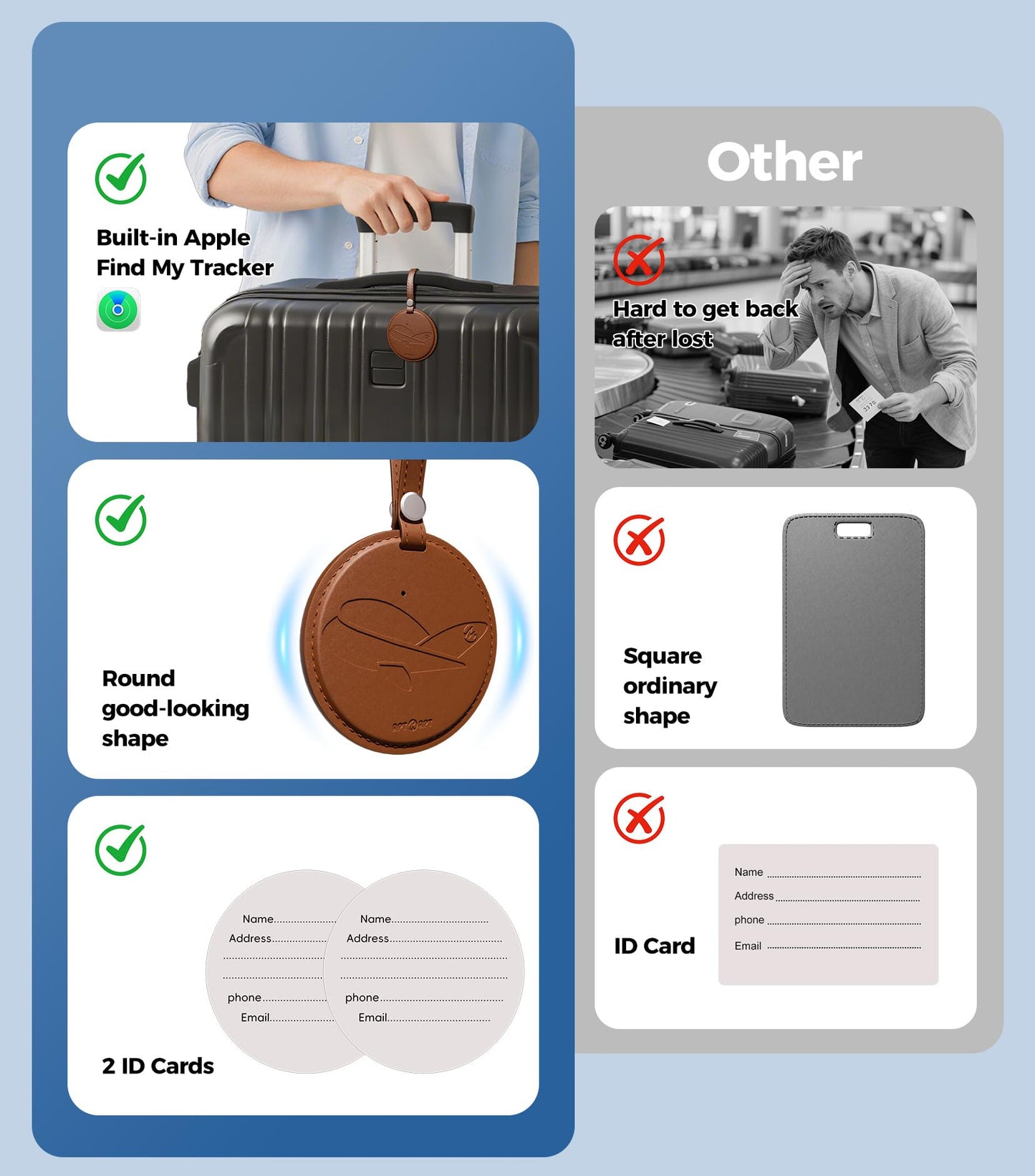 APTMAPT Smart Luggage Tag Works with Apple Find My, Premium Leather Suitcase Tracker with 2 ID Labels, TSA-Friendly, Anti-Lost Travel Essentials for Bags Backpacks, Wireless Charging, Brown