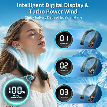 ZHZW Portable Neck Fan with 6000mAh USB - Rechargeable Battery, Ultra-Light Bladeless Neck Fan LED Display, 360° Cooling Wearable Fan, 3 Speeds (Green)