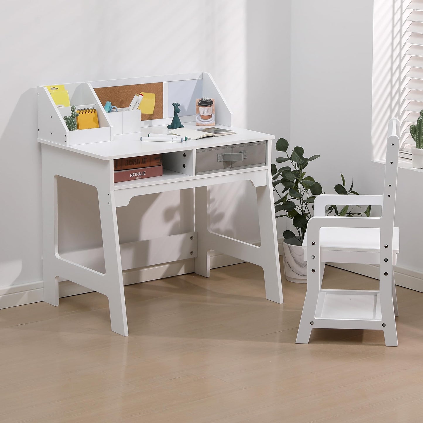 Garvee Kids Desk and Chair Set, Study Desk for Boys and Girl, Wooden Kids Writing Table with Cloth Drawers and Pen Holder