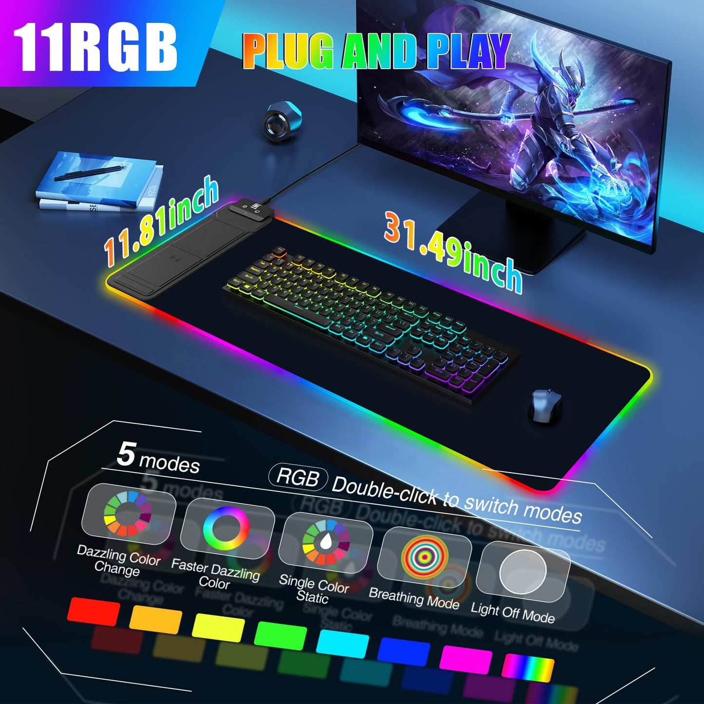 Mouse Pad with Foldable Phone Holder & Wireless Charger, XL RGB Gaming Mousepad 31.5"x11.8" Large Desk Mat for Keyboard, Home Desk Pad with Dual Qi Charging Station | 11 Colors & 5 Modes | Waterproof