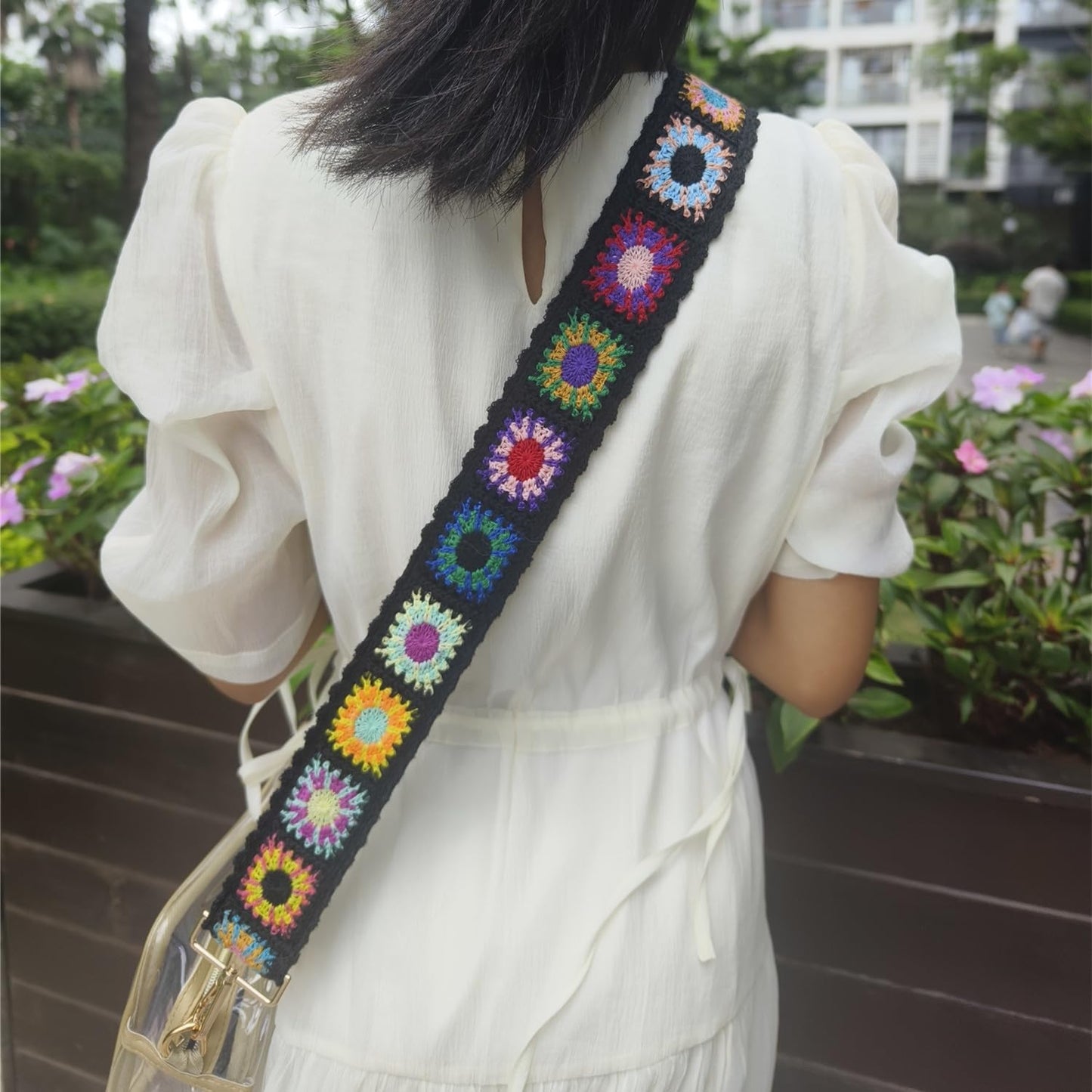 Greaciary Wide Purse straps Crochet Flower replacement crossbody for Handbags Adjustable Embroidery Knit Guitar Shoulder strap for Bag (Black floral)