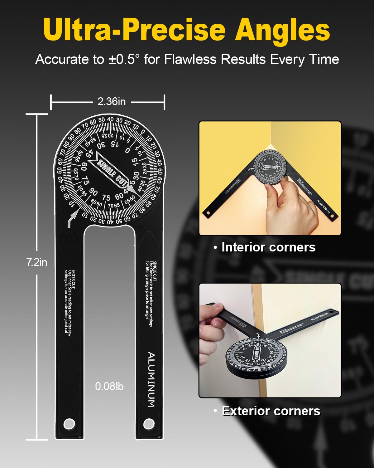 Anyongora 7.2" Miter Saw Protractor Angle Finder, CNC Aluminum Miter Gauge with Laser Engraved Scales, Precision Tool for Carpentry, Crown Molding & Construction, 5.3oz Ultra-Lightweight Portable