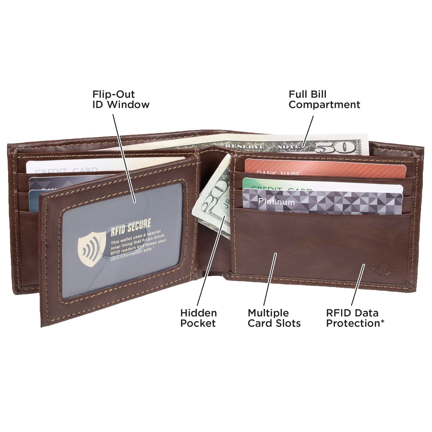 Dockers Men's Rfid Blocking Extra Capacity Leather Bifold Wallet, Brown, One Size