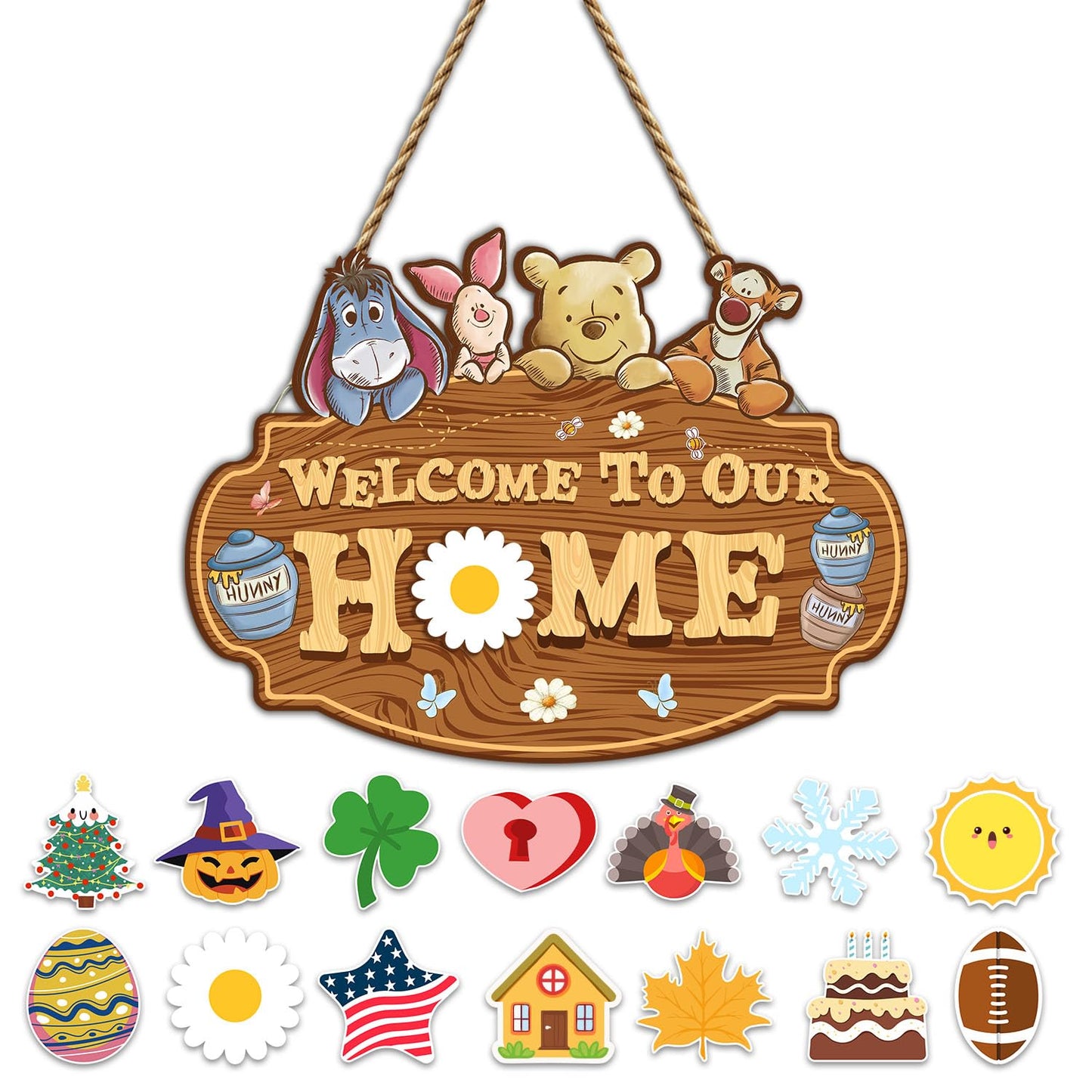 Winnie Welcome Sign for Door Decor, the Pooh Welcome to Our Home Sign with Interchangeable Holiday Sign, Welcome Sign for Home Farmhouse, Perfect for Christmas Thanksgiving Gifts, Housewarming Gifts