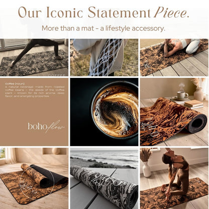 Boho Flow Deluxe Cork Yoga Mat | Caffè Core - Coffee Cork Edition | Eco-Luxury Coffee-Infused Cork Surface, Natural Tree Rubber Base & Signature Handmade Boho Macramé Bag