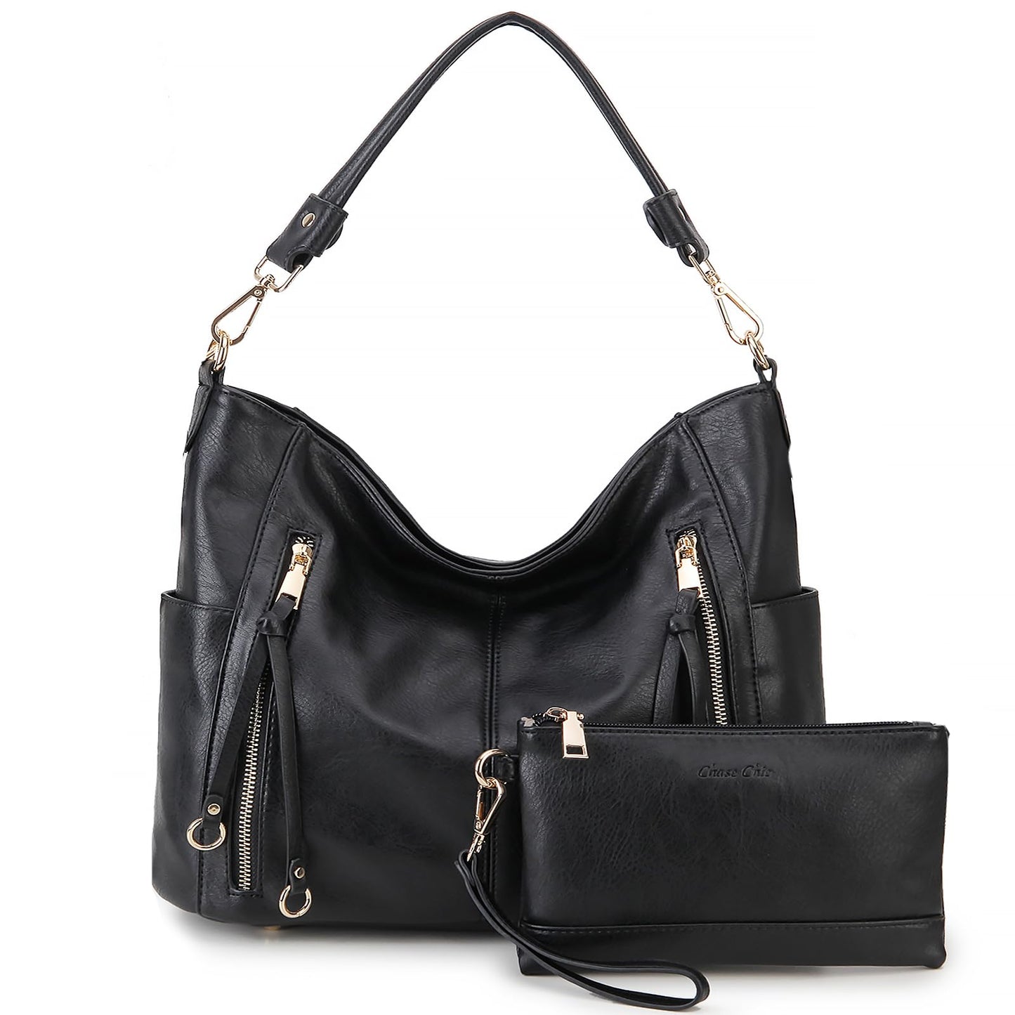 Chase Chic Hobo Bag for Women, PU Leather Ladies Purse and Handbags with Adjustable Strap Trendy Large Crossbody Shoulder Bucket Bag for Work,Travel(Black)