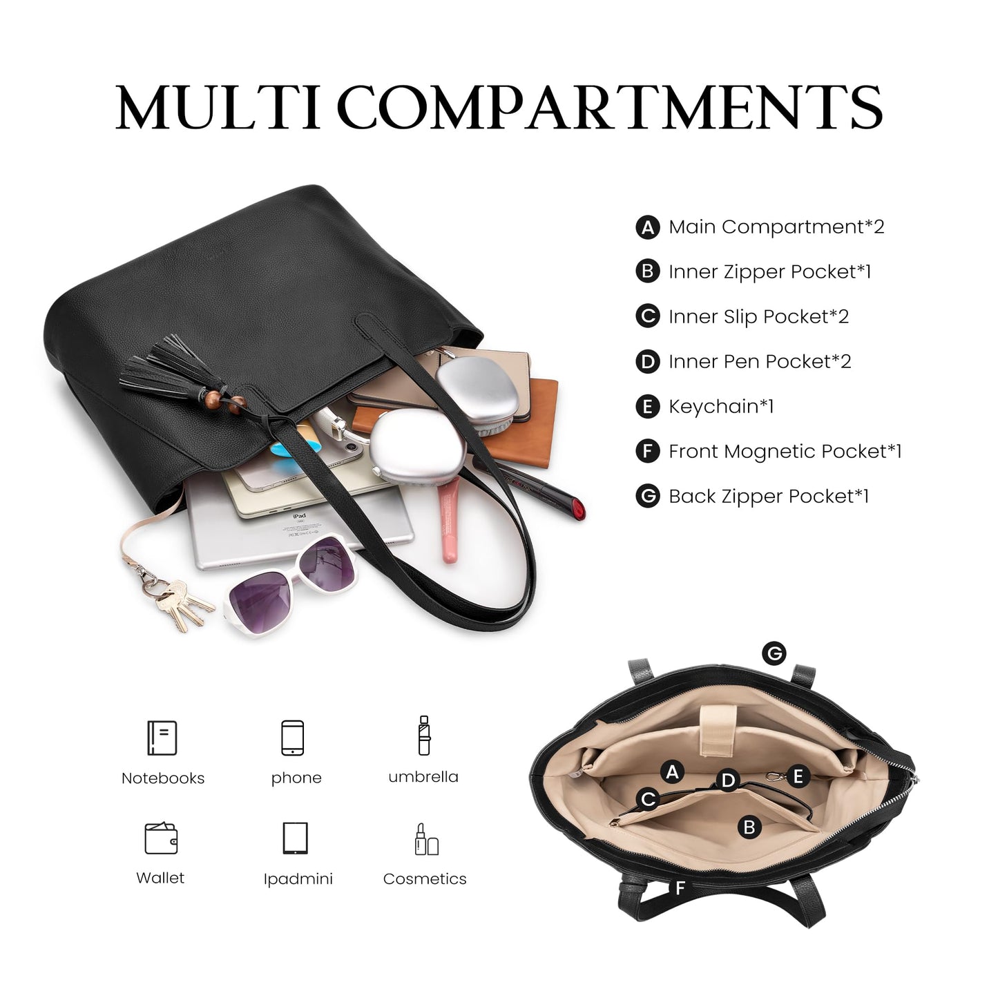 befen Genuine Leather Tote Bag for Women Work, Womens Tote Bag, Casual Leather Large Purses Black Leather Shoulder Bag with Compartments for Shopping Office Travel Daily Use