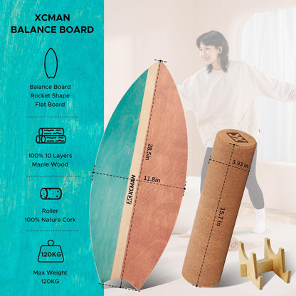 XCMAN Surf Balance Board Trainer with Roller Wooden Exercise Balancing Stability Trainer - Non Slip Surface for Adults |Balance Board Surfing,Snowboarding,Skateboarding,Hockey,Yoga