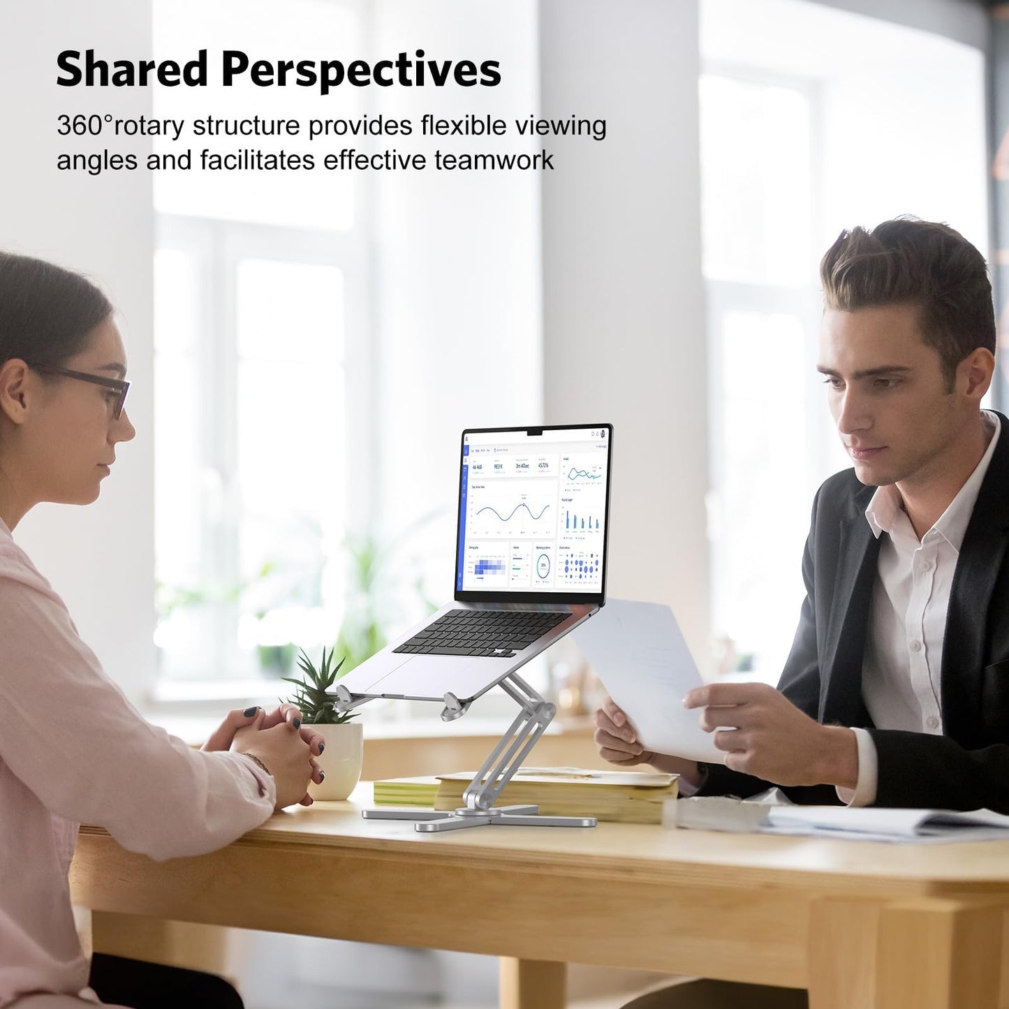 OMOTON LA10 360° Rotating Laptop Stand Riser for Desk, Ergonomic Foldable Computer Stand Adjustable Height Angles for Collaborative Work, Easy Storage Fit Macbooks,All Laptops up to 16 inches, Silver