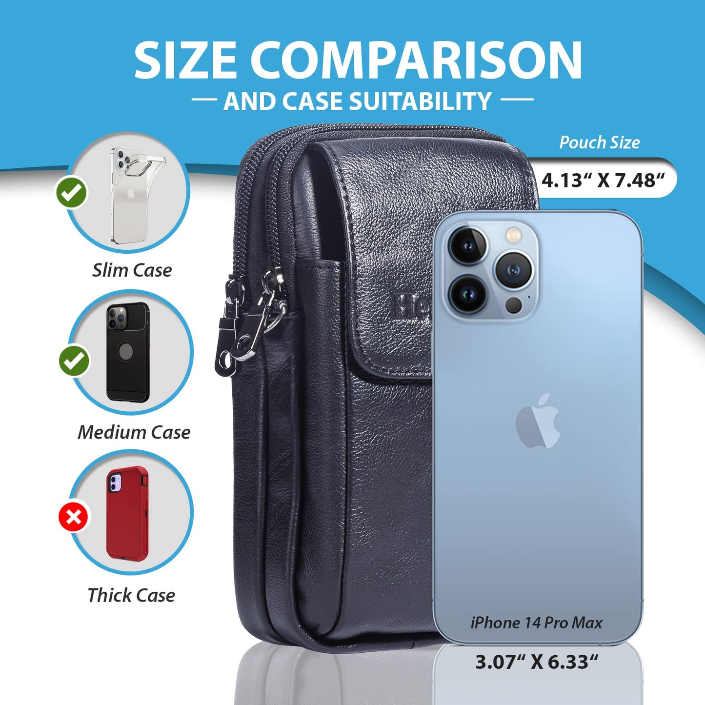Hengwin Leather Vertical Men Cell Phone Holster Wallet Case with Belt Clip Travel Messenger Bag Waist Pouch Crossbody Purse Fit for iPhone 17 Pro Max 15 Pro Max Samsung Galaxy S25 Ultra Note 9 (Black)