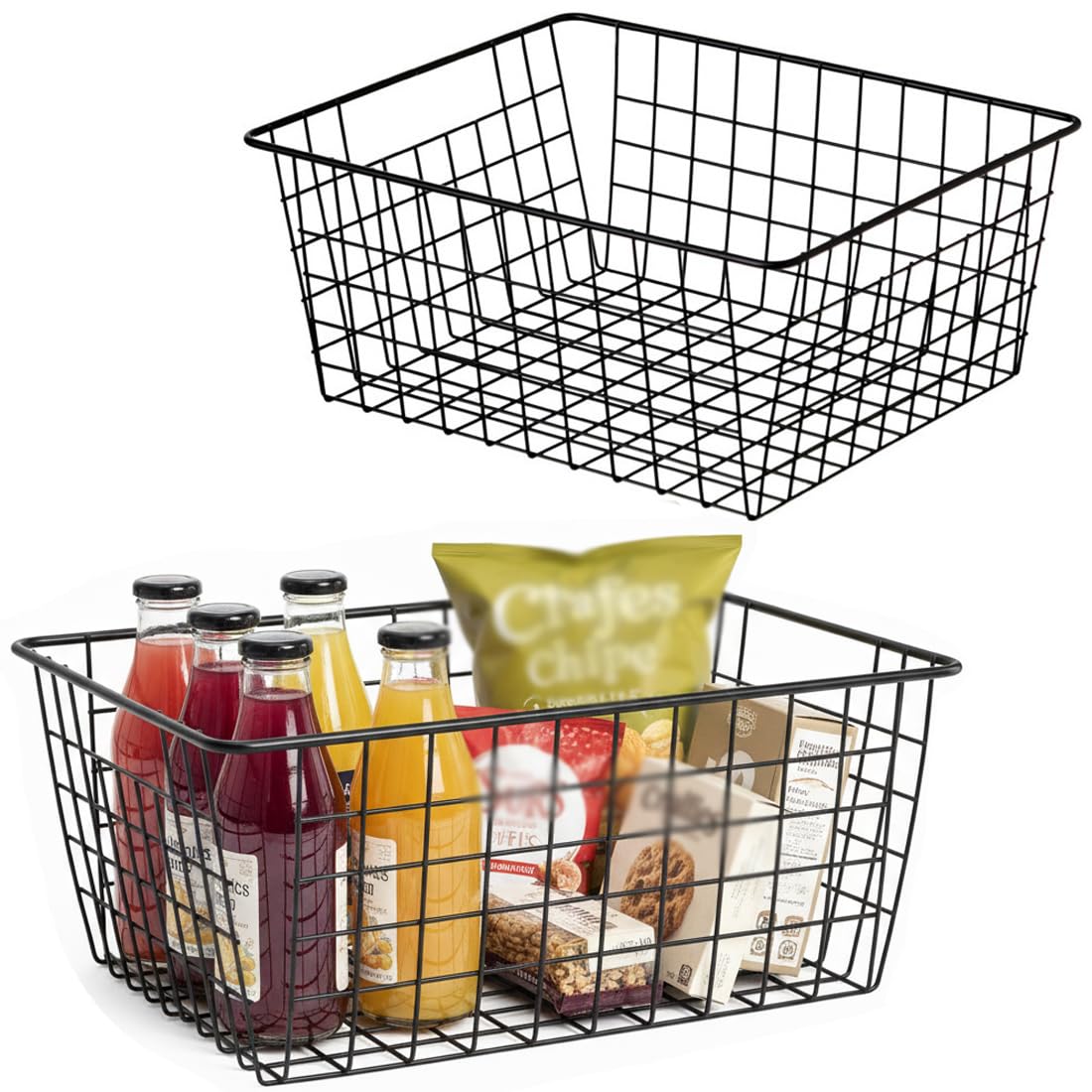 Aeggplant Kitchen Metal Wire Baskets Farmhouse Decor Metal Food Storage Organizer,Household Refrigerator Bin with Built-in Handles for Cabinets,Pantry,Bathroom,Black