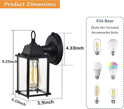 Dusk to Dawn Outdoor Wall Lights 2-Pack, Black Exterior Light Fixtures with Clear Glass, Waterproof Modern Porch Sconce Lanterns for Garage, Patio, Front Door, House (E26 Bulb Not Included)