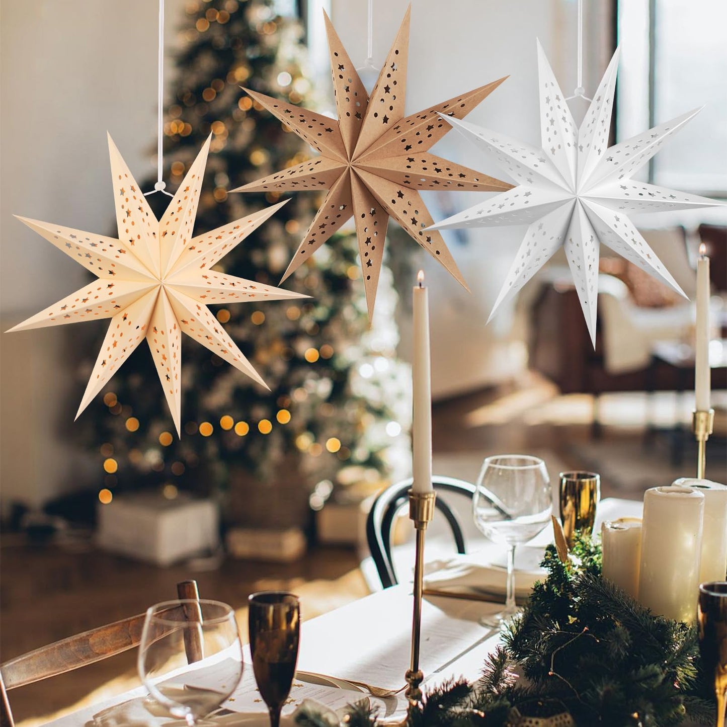 SUNBEAUTY 9-Pointed 12 Inch Hollow Out Paper Star Lanterns Brown White Gray Christmas Lanterns Hanging Lamp Paper Decorations Shade Wedding Birthday Christmas Home Party Decorations