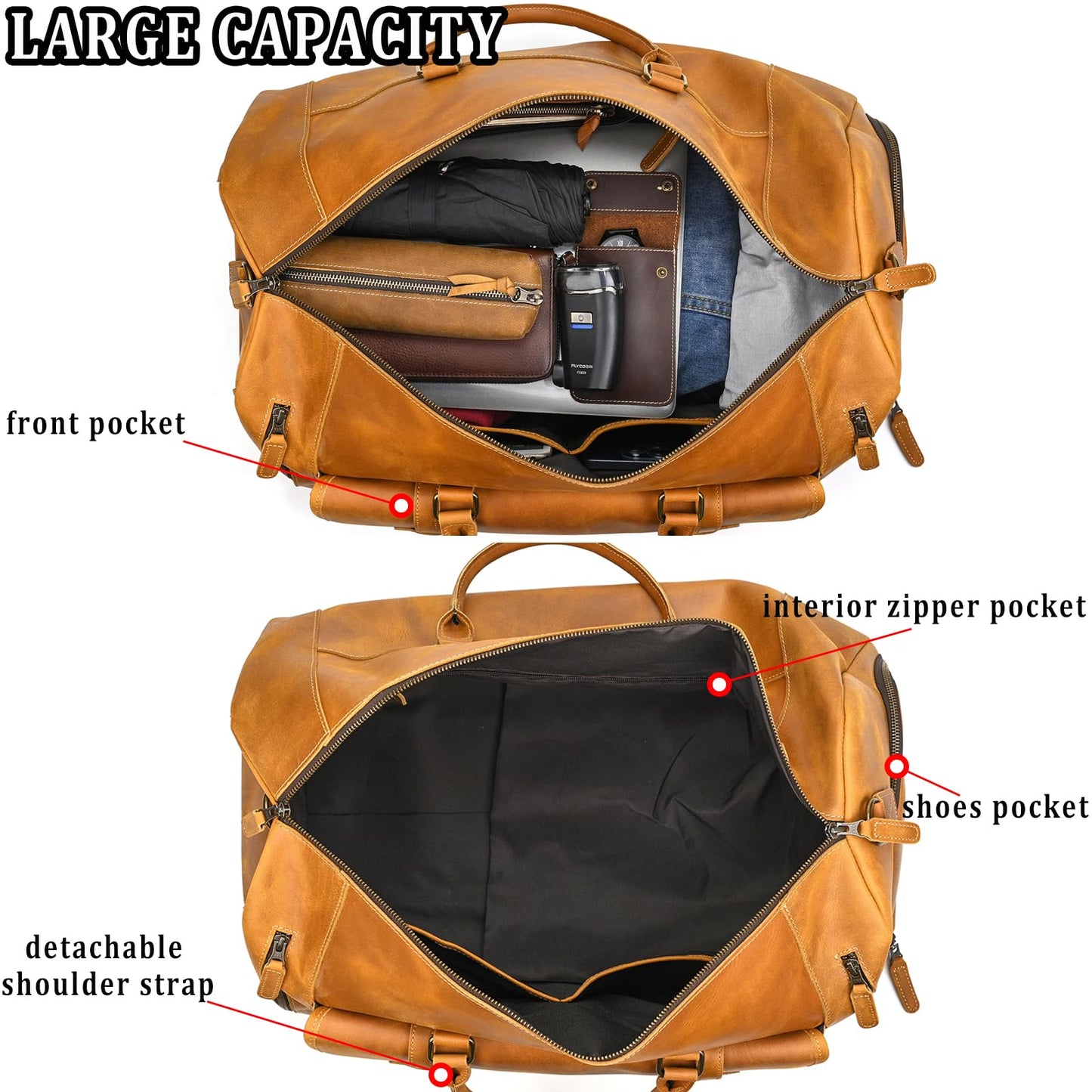Leather Travel Duffle Bag, Vintage 23" Thick Full Grain Cowhide Travel Bags Leather Overnight Luggage YKK Zipper