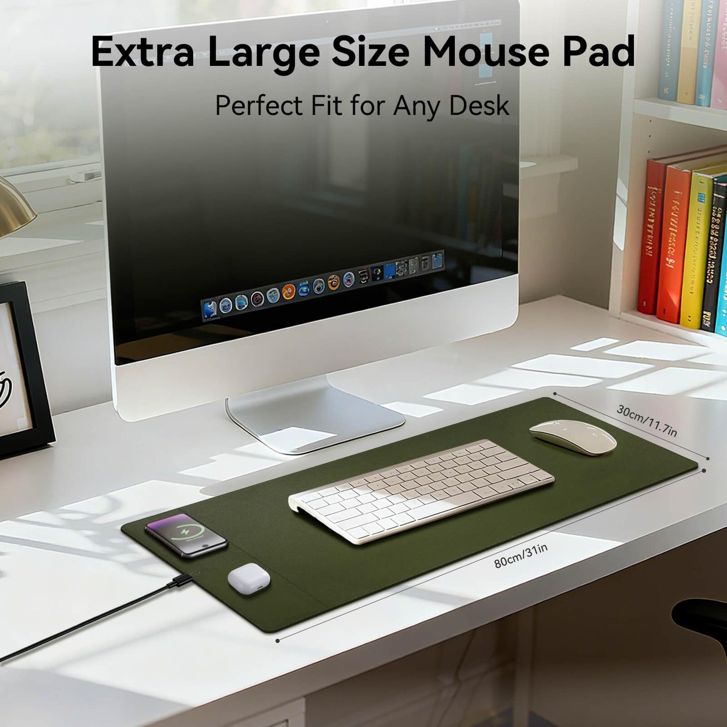 Hi-HONX Wireless Charging Mouse Pad, 15W Fast Charge Magnetic Charger Desk Pad, Large Office Desk Mat (31"x11.7") with Ultra-Smooth Surface, Green Computer Mousepad for MacBook, PC, Laptop