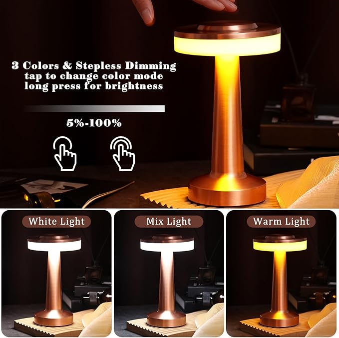 VIHOSE 8 Pcs 8 Pcs Cordless Table Lamps LED Portable Rechargeable Table Lamp with Touch Sensor 3 Color Dimming up to 15 Hours Battery Desk Light for Restaurant Nursery Living Room (Rose Gold)