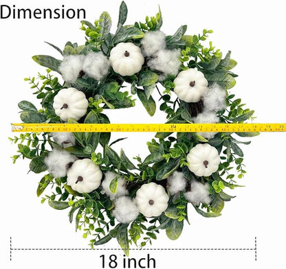 18 Inch Thanksgiving Fall Wreath for Front Door, Autumn Artificial Wreath with White Pumpkin, Cotton, Greenery Leaves for Farmhouse Home Window Wall Office Wedding Indoor Outdoor Decorations