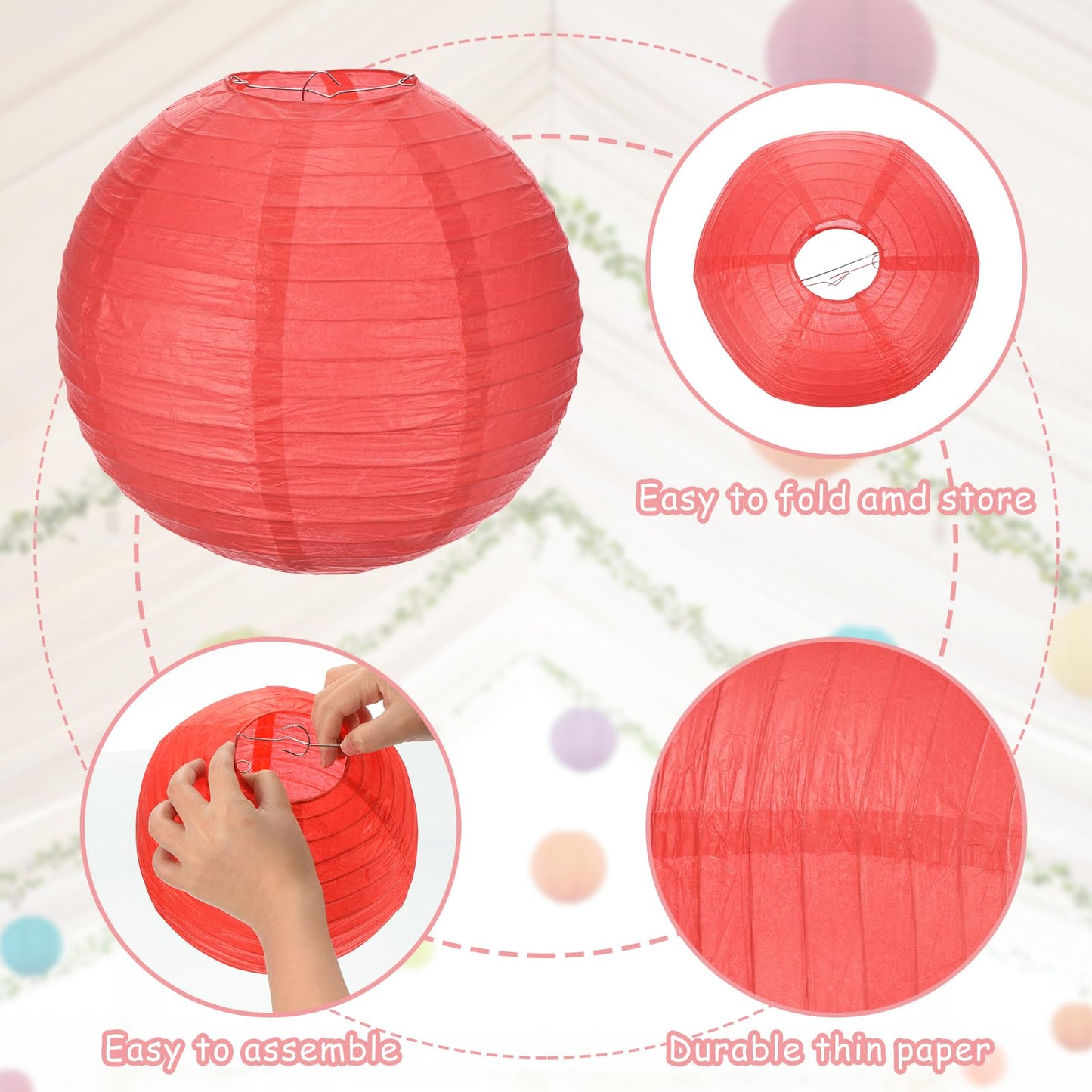 MECCANIXITY 15PCS Paper Lanterns Decorative, 4" 8" 12" Round Hanging Lantern Chinese Lanterns for Home Decor, Birthday, Wedding, Christmas (Red,Pink,Rose Red,Light Pink,Purple)