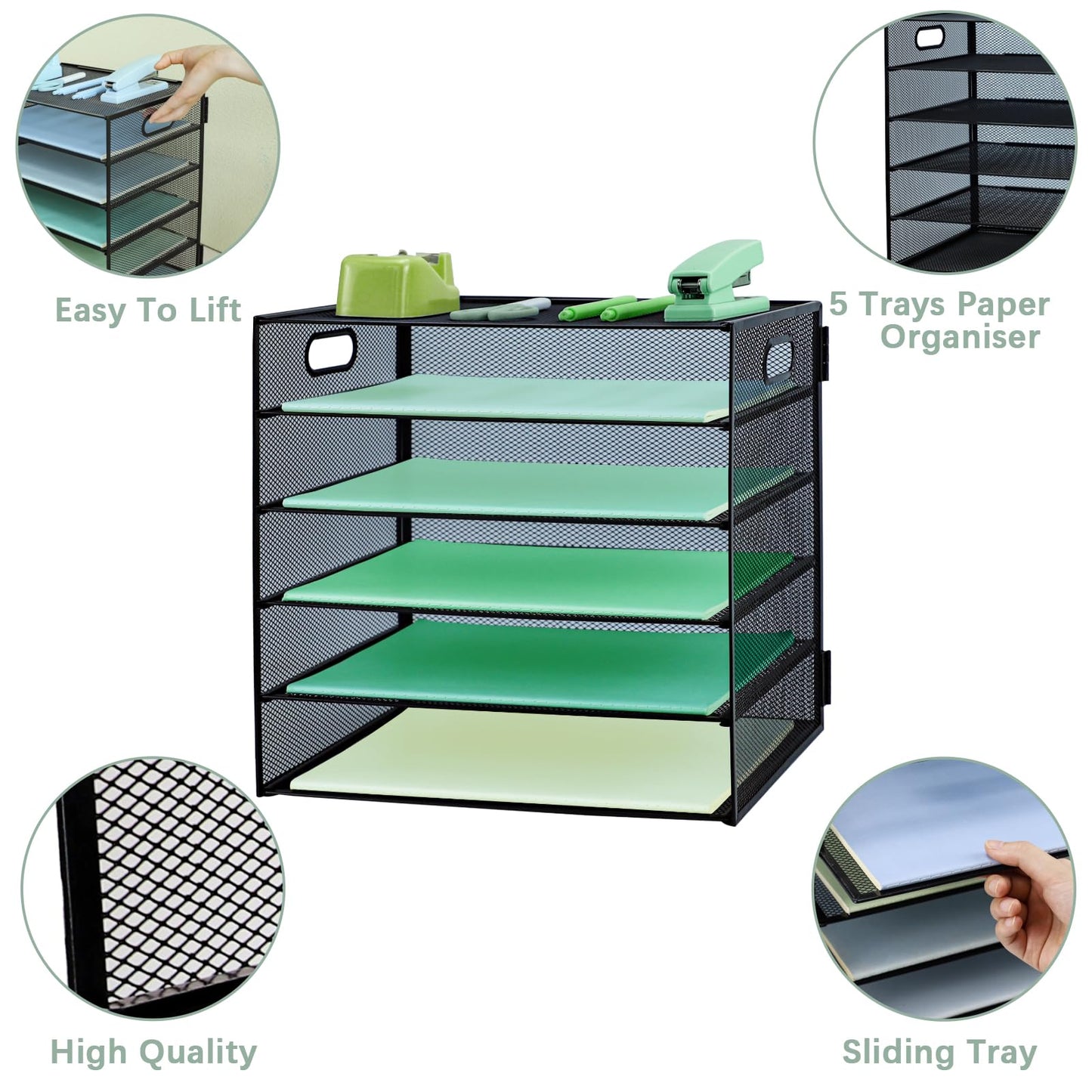 IOUGDSEC Paper Letter Tray with Handle, 5 Tier Metal Mesh Desk File Organizer, A4 Paper Desktop Filing Trays, Desk Tidy Magazine Document Holder for Home Office, Black