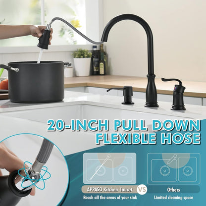 APPASO 3 Hole Kitchen Faucet with Pull Down Sprayer, Kitchen Faucets with Soap Dispenser, 3 Pieces Kitchen Sink Faucet with Separate Handle, Matte Black Kitchen Faucet 3 Hole, 218MB