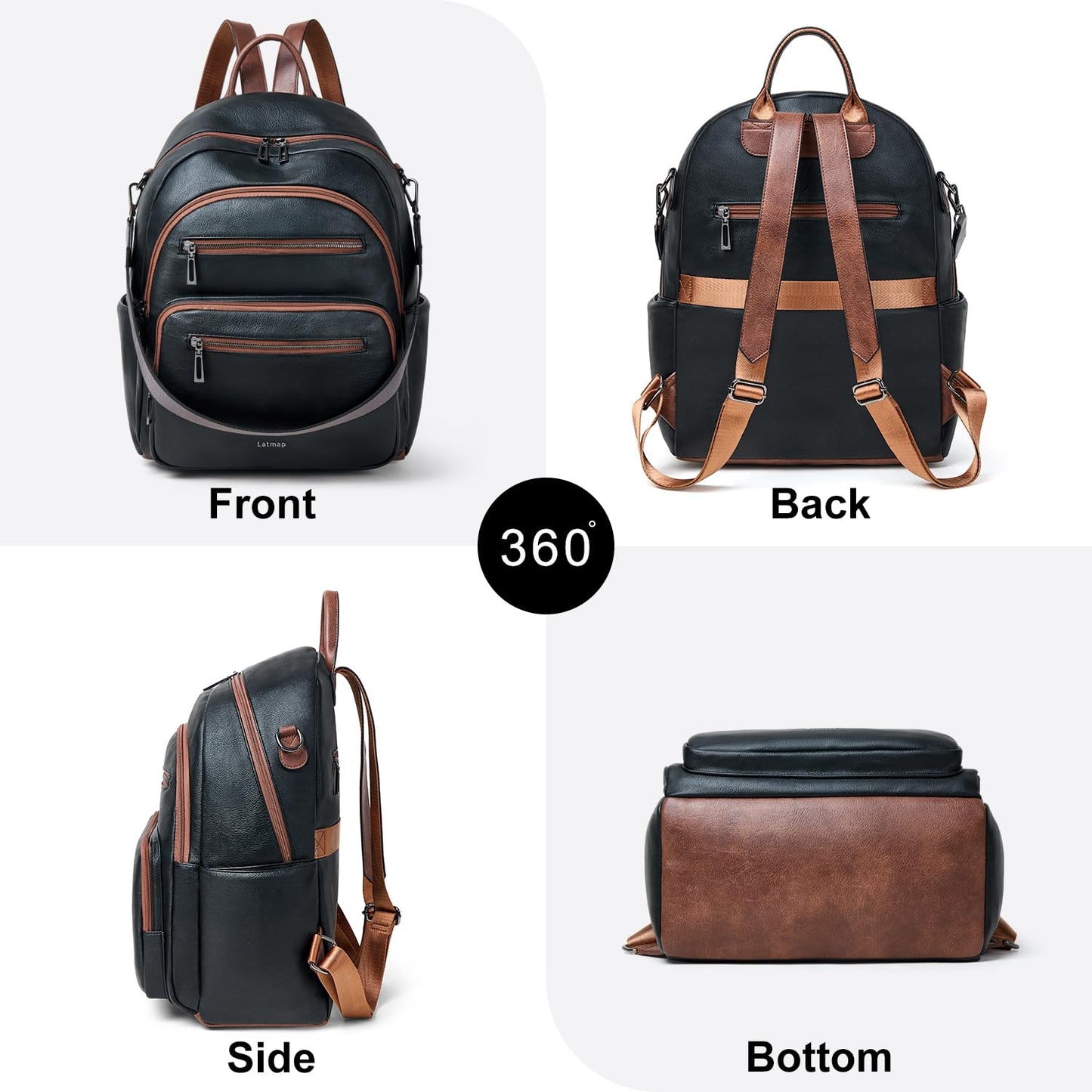 LATMAP Backpack Purse for Women Laptop Backpack, Leather Travel Backpack Shoulder Bag Teacher College Daypack Work Handbag fits 14" Laptop-Black with Brown