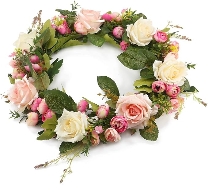 Ogrmar Artificial Flower Wreath/Handmade Floral Artificial Simulation Rose Flowers Garland Wreath for Home Front Door Christmas Wedding Party Decoration (Rose)