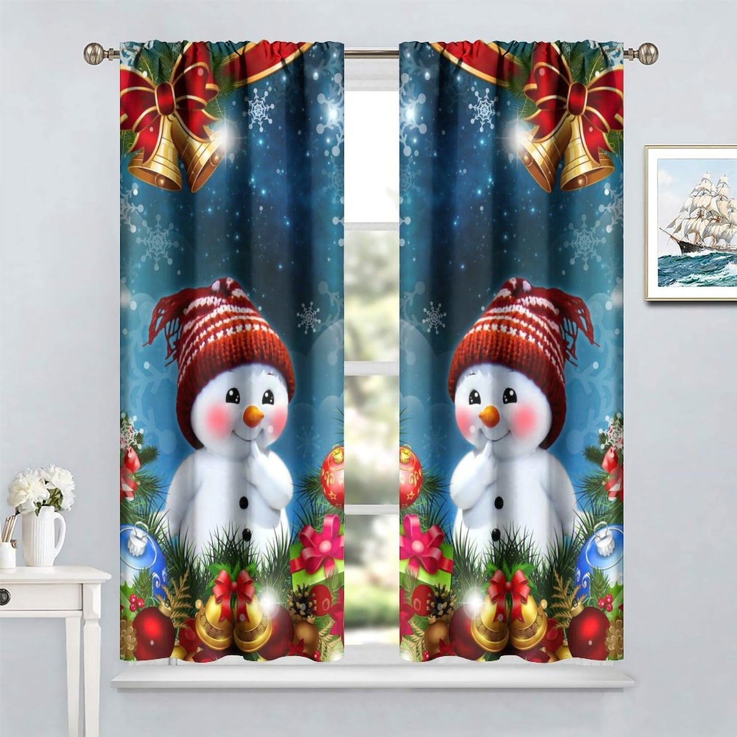 ICMOLYYENLO Christmas Curtains Red Balloon Bells Winter Kitchen Bedroom Living Room New Year Decoration Curtains 42x45 Inch 2 Set