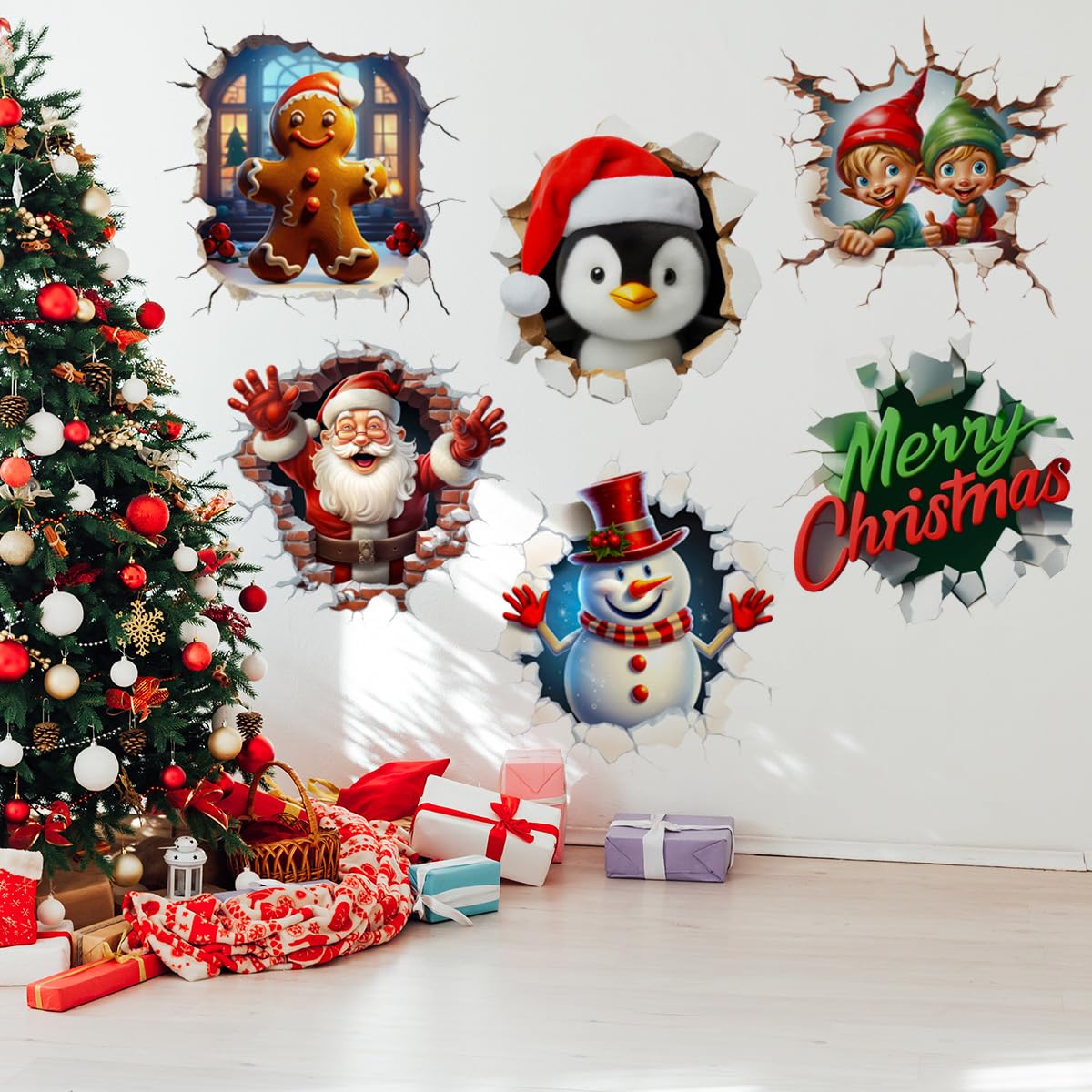 3D Christmas Decals Christmas Santa Claus Gingerbread Man Snowman Wall Stickers Removable Wall Decals Art Decor for Xmas Holiday Party Supplies Home Wall Decor