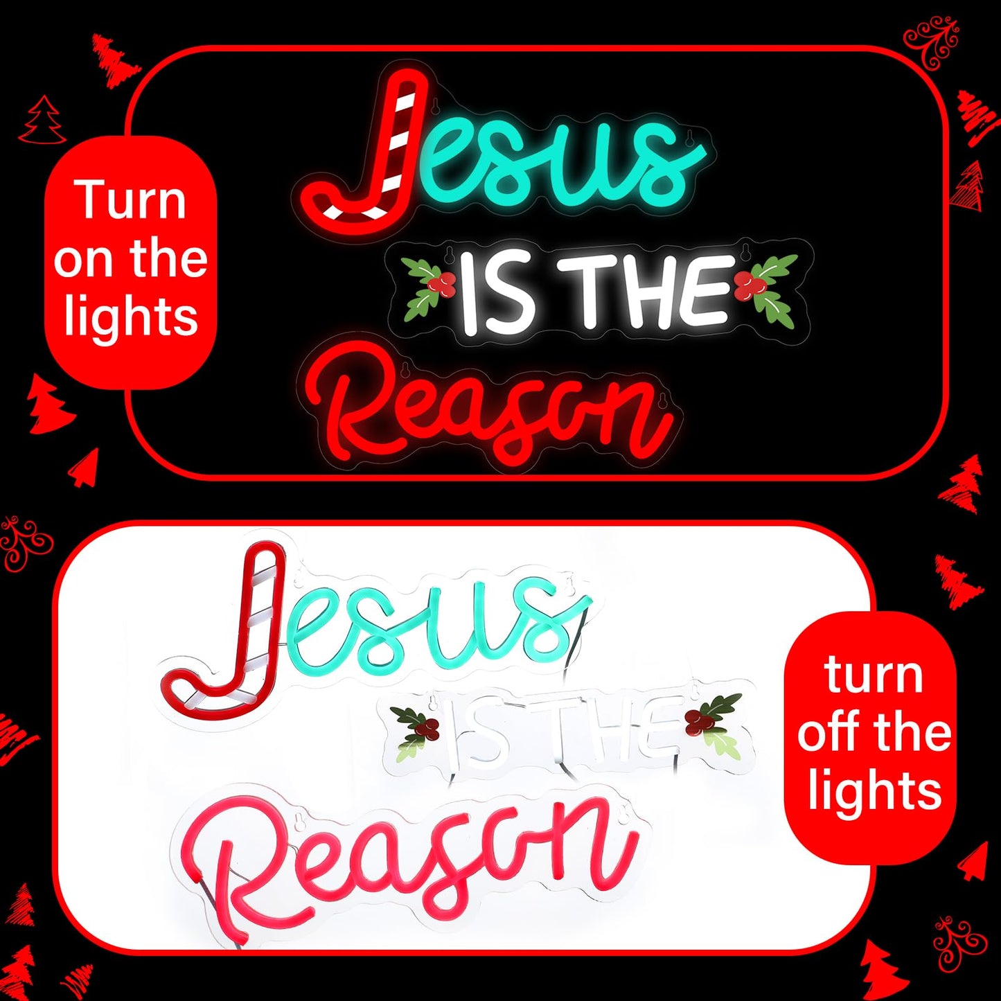 Huquary Jesus Is the Reason Neon Sign Christmas LED Sign Lighted Wall Art Decoration Neon Light USB Powered for Ceremony Party Bar Home Birthday Bible Church Decor Gift(Stylish)