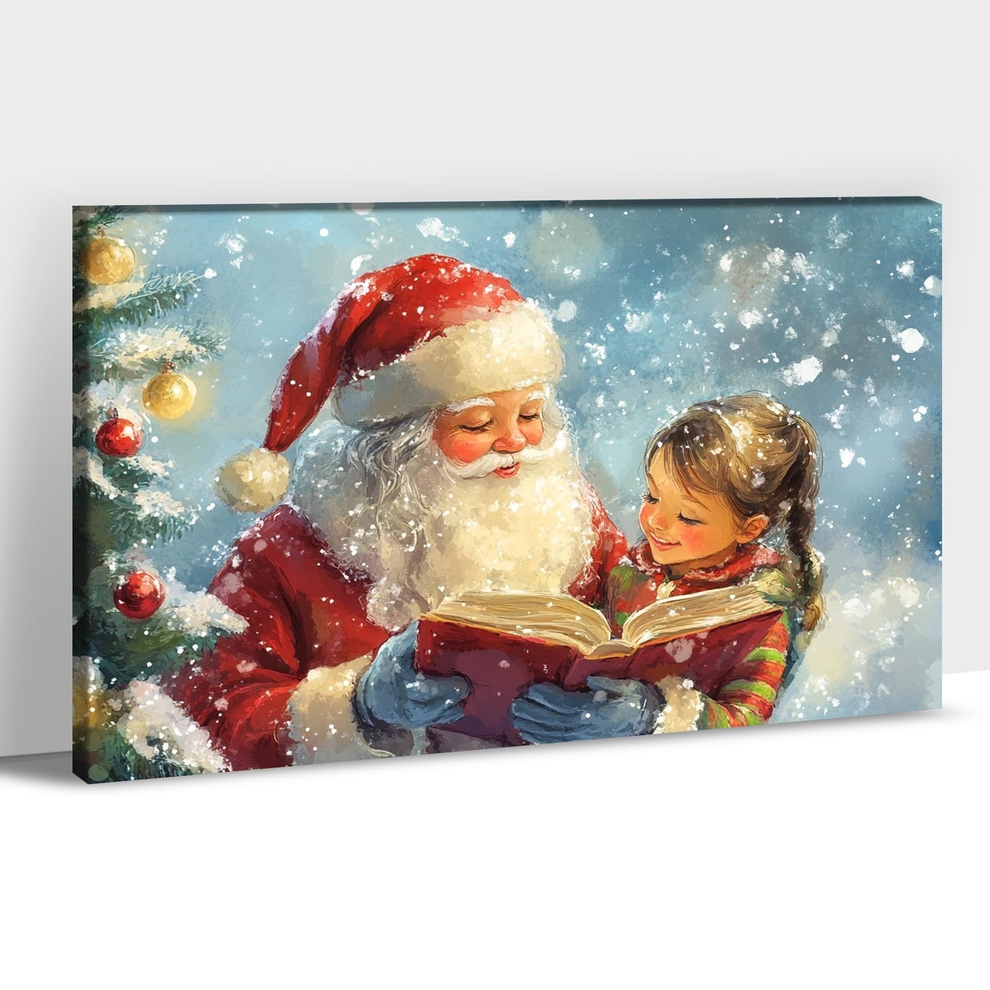 GUTTATY Christmas Canvas Wall Decor, Santa & Girl Reading Book Christmas Pictures Decor, Snow Scene Christmas Canvas Wall Art Prints, Christmas Tree Canvas Artworks for Living Room 18x24 Inch
