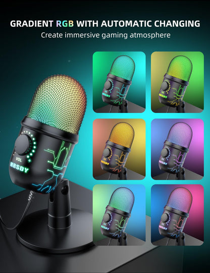MRSDY Gaming Microphone, USB Computer Microphone for PC, Mac, PS4/5, Condenser Podcast Mic for Studio Recording, YouTube, Streaming, with Headphone Jack, Led Light, Mute, Gain, Noise Cancellation