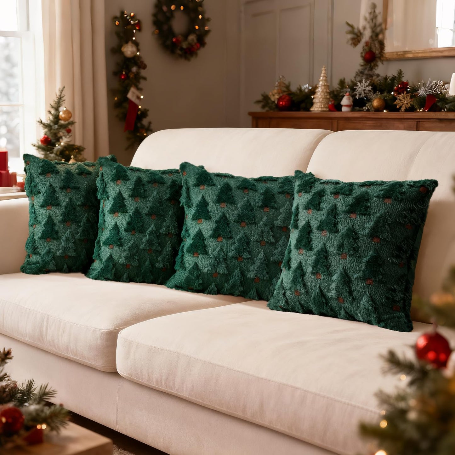 HDVUHKI Christmas Throw Pillow Covers 18x18 inch Set of 4, Green Xmas Tree Holiday Winter Living Room Soft Fluffy Plush Faux Fur Wool Decorations for Sofa Couch Bed