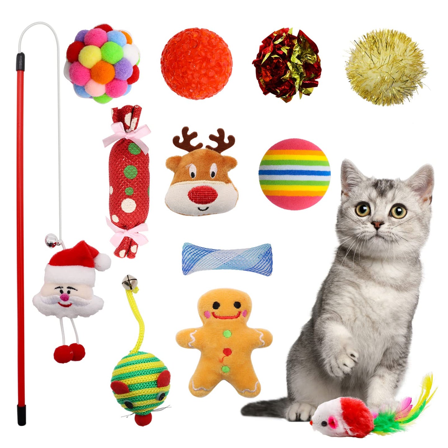 Yeghujar Christmas Stocking Cat Toys, 12PCS Xmas Cat Toy Set with Mouse, Squeaky Toys, Balls, Cat Teaser, Indoor Interactive Cat Gift