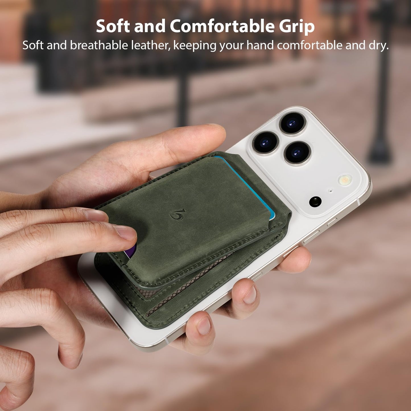 Belemay Strong Magnetic Wallet for MagSafe with Adjustable Stand, Crazy Horse Leather Card Holder, Up to 5 Cards, RFID Blocking, Slim for iPhone 17/16/15/14/13/12 Series Men & Women - Pine Green