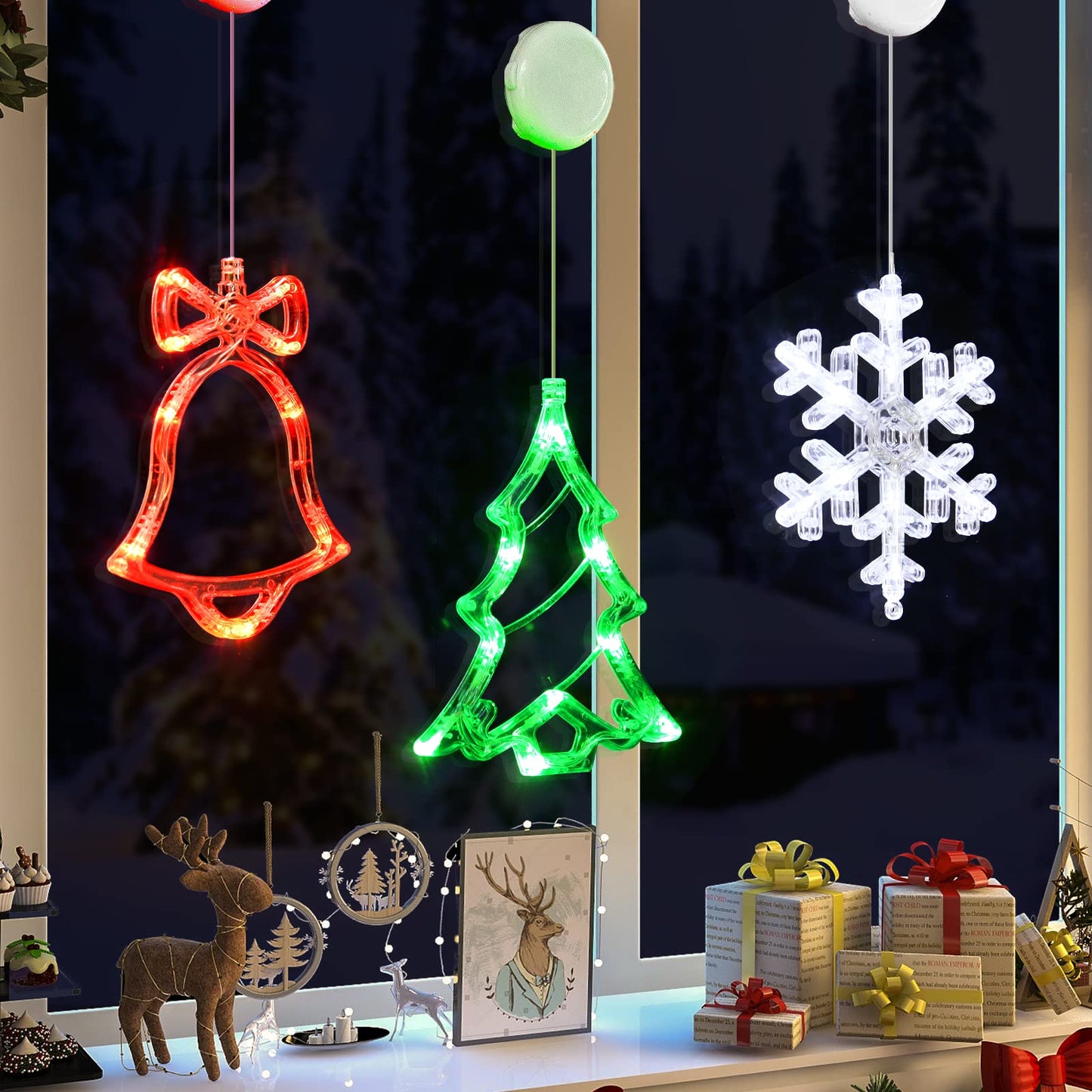 LOLStar Christmas Window Decorations,3 Pack Jingling Bell,Christmas Tree,Snowflake Christmas Window Lights with Suction Cup, Timer Function & Slow Fade Mode Battery Operated Indoor Lights
