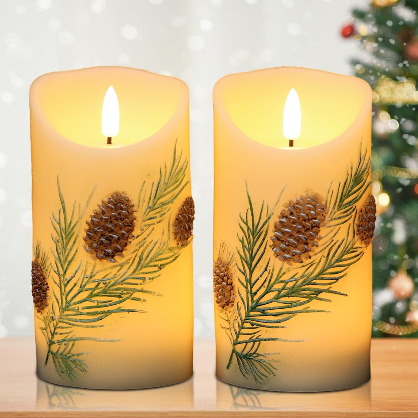 DRomance Pinecone Flameless Flickering Candles Battery Operated with 6H Timer 3D Wick LED Pillar Candles Real Wax Hand-Painted Dinner Holiday Christmas Indoor Decoration(2 Pack, 3" D x 5.7" H)