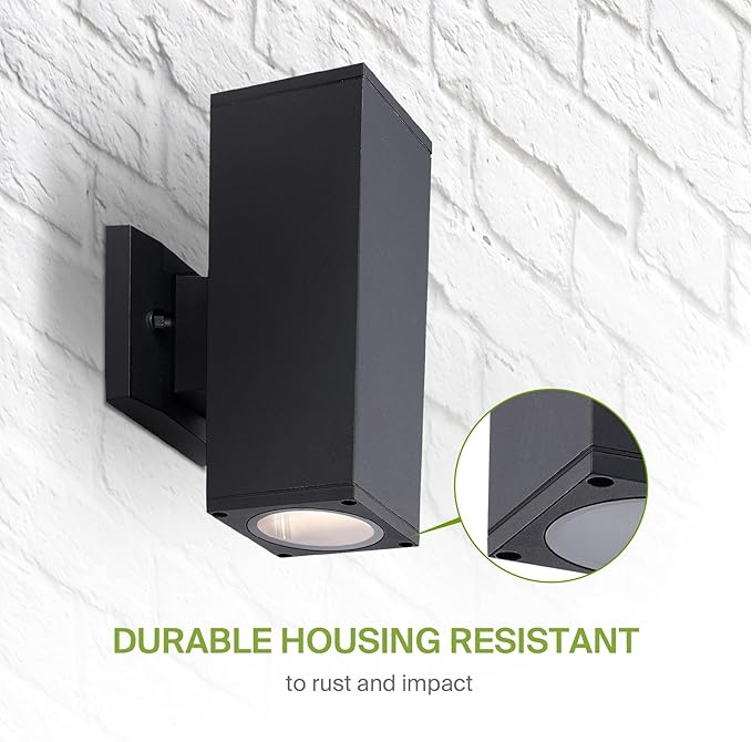 ASD 2 Light Square Outdoor Wall Light Fixture | 120W E26 Socket 120V ETL Cylinder Up Down Lights | LED/CFL/Incandescent Bulb Exterior Wall Sconce | Front Door, Porch, Patio Lighting | Black
