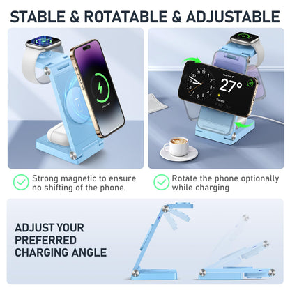 Magnetic Wireless Charger Stand, 3 in 1 Foldable Wireless Charging Station with 20W Adapter, Travel Charger for Multiple Devices for iPhone 17 16 15 14 13 12 Pro/Max/Plus/Mini, iWatch, AirPods