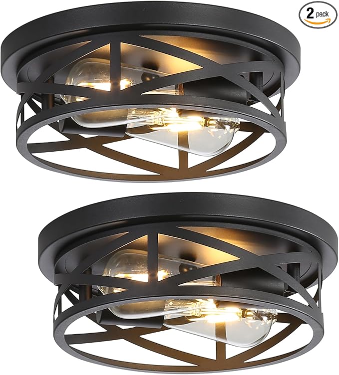 2-Pack Close to Ceiling Light Fixtures, 11 Inch Farmhouse Flush Mount Ceiling Light 2-Lights, Black Industrial Metal Cage Semi Flush Mount Ceiling Light for House Hallway Kitchen Bedroom