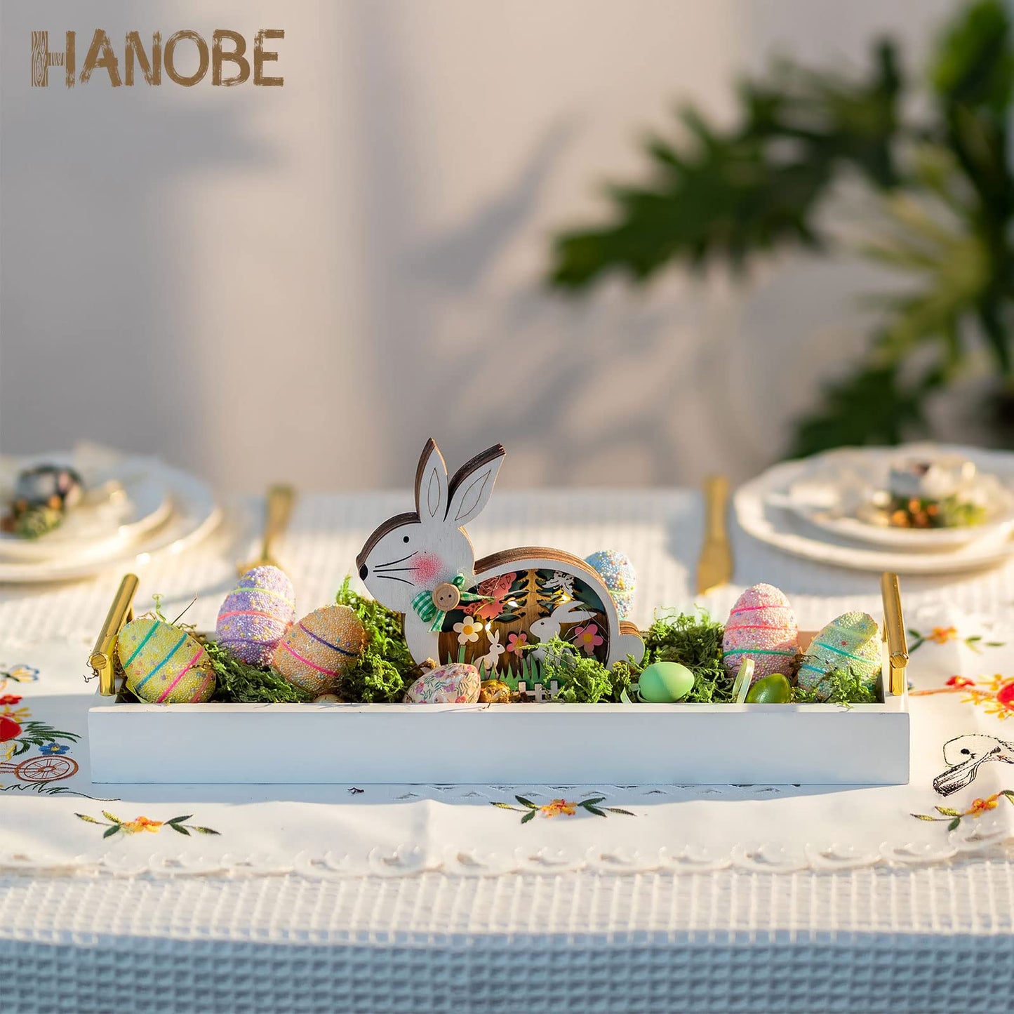 Hanobe Long Tray for Table Centerpiece: Decorative Narrow Trays Wooden Candle Holder - Centerpiece Tray with Handles for Home Decor Dining Table Coffee Bar Living Room,White