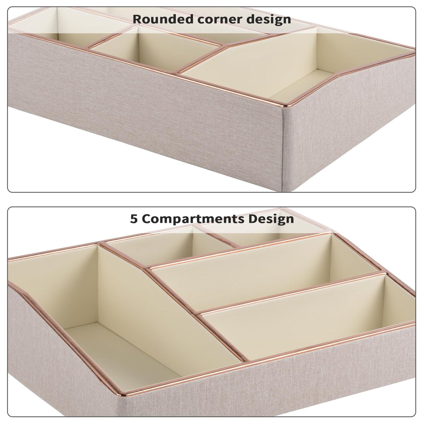 PU Leather Makeup Organizer Tray,Large Vanity Organizer,Cosmetic Storage Box for Lipstick Brushes Skincare Perfume,Cosmetic Display Case Rose Gold-trimmed for Dresser,Bathroom Countertop(Beige)