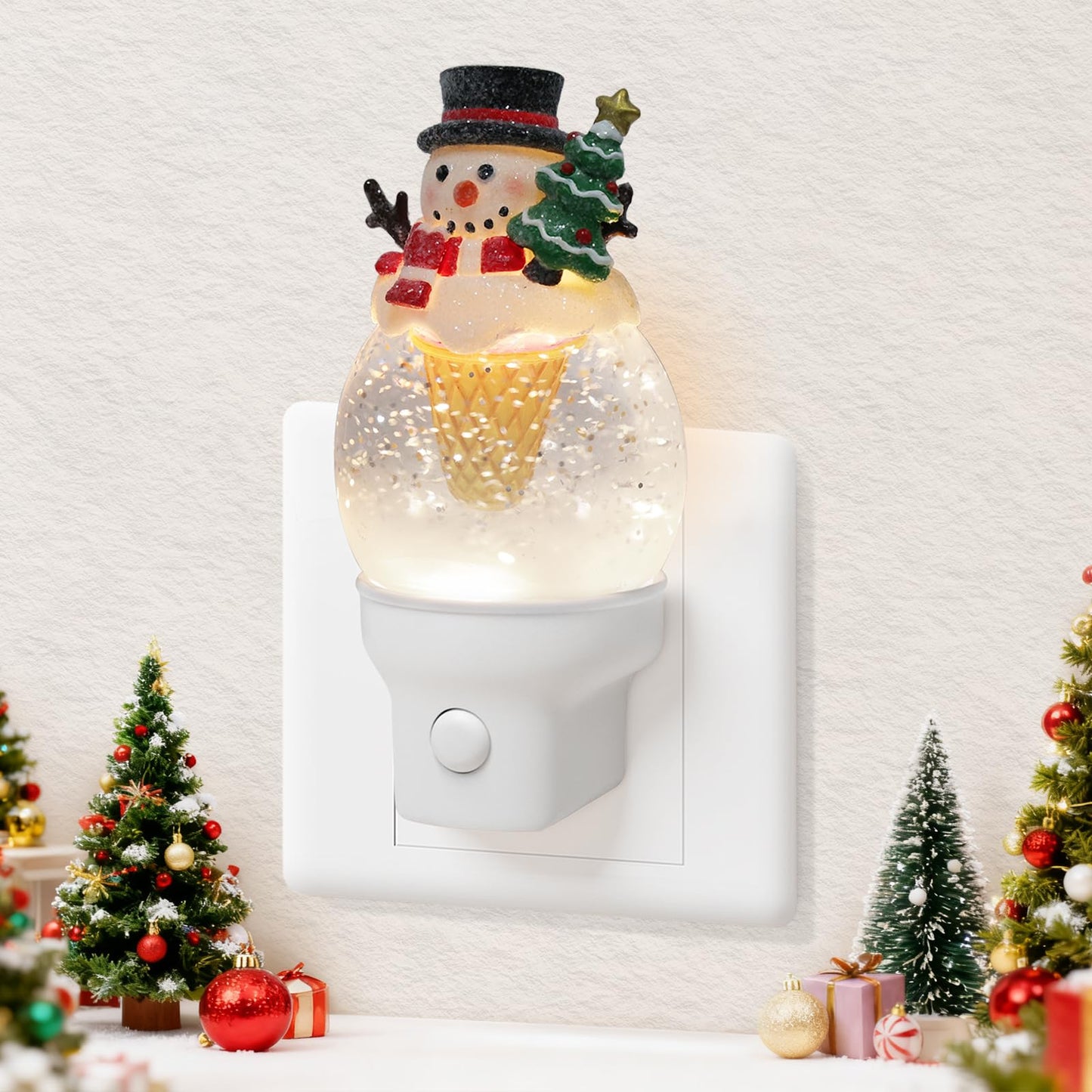 Yuxelulmai Christmas Snowman Night Light Plug into Wall Swirling Glitter USB Portable Christmas Decorative Night Light Decoration for Bedroom Kitchen Living Room Holiday Decor (Snowman Cookie Cone)
