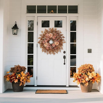 26" Fall Wreath for Front Door - Large Artificial Dahlia Flowers Fake Rose Faux Maple Leaves Outdoor Wreath for Porch, Window,Farmhouse,Home,Thanksgiving Day Harvest Festival Autumn Decor