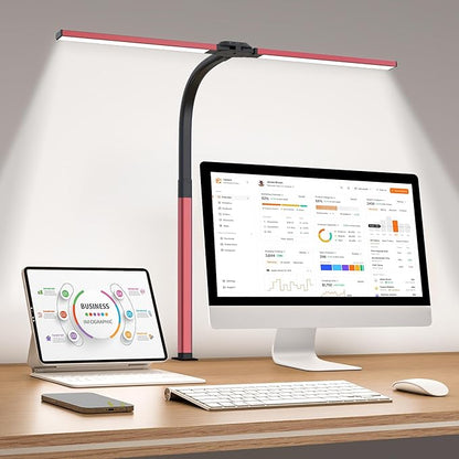 LED Desk Lamp for Home Office, Eye-Caring Desk Light with Clamp, 24W Double Head Architect Task Lamp Stepless Dimming, Flexible Gooseneck Bright Table Lamp for Study Reading Workbench Drafting Red