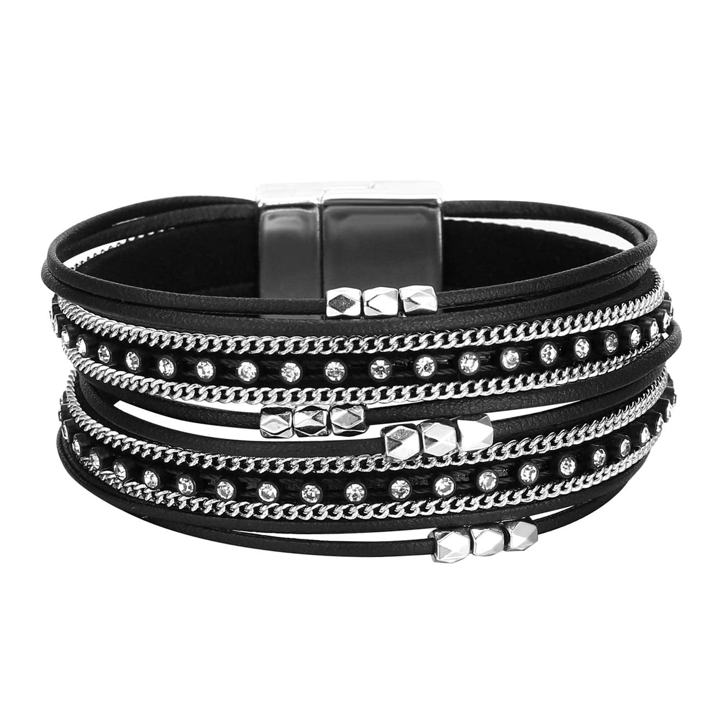 Fesciory Leather Wrap Bracelets for Women, Boho Leopard Multi-Layer Crystal Beads Cuff Bracelet Jewelry (Short Black)