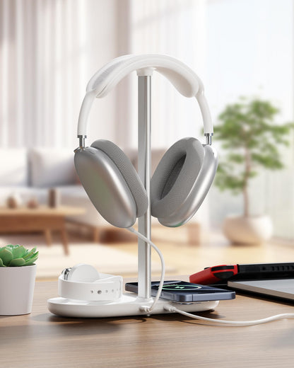 Universal Headphone Stand, Magnetic Wireless Charger for iPhones/AirPods/iWatch, Aluminum Alloy Rod, Leather Pad, ABS Solid Base, White